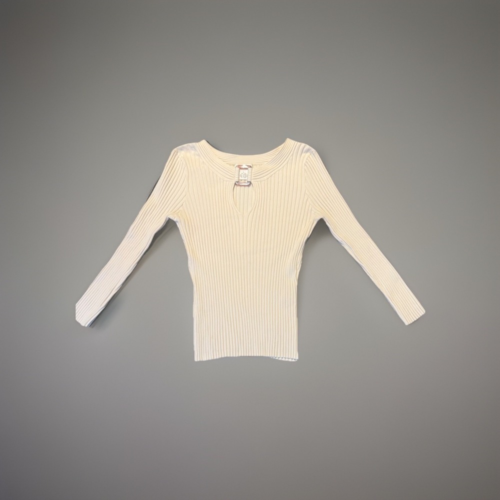 Vintage Cache Cream Rib Knit Long Sleeve Tortoise Accent Sweater‎ Size LG